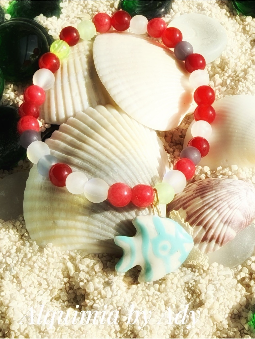 Red jade White, Green and Gray Beaded Bracelet with Turquoise Fish Charm